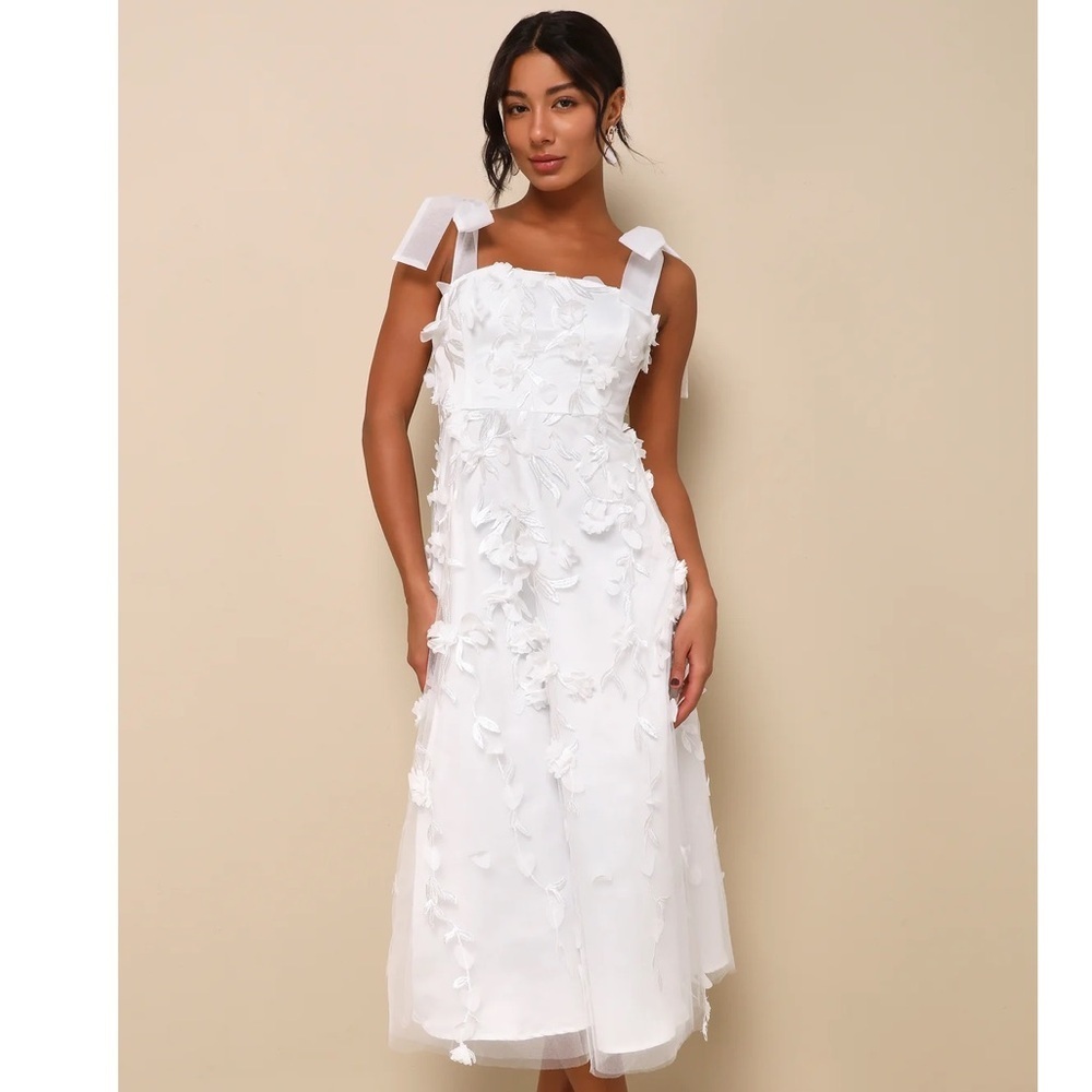 Lulus Effortlessly Sweet White Tulle 3D Floral Tie-Strap Midi Dress White M - Picture 2 of 8